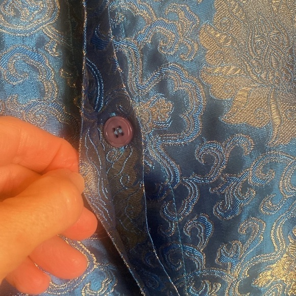VTG Peacock Blue W/Gold Floral Threading Asian Jacket long Blazer Size Sz L - Picture 8 of 12